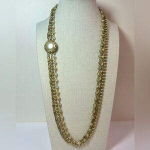 Vintage Necklace Glass Faux Pearls Gold Tone Multi Strand Chain Decorative Clasp